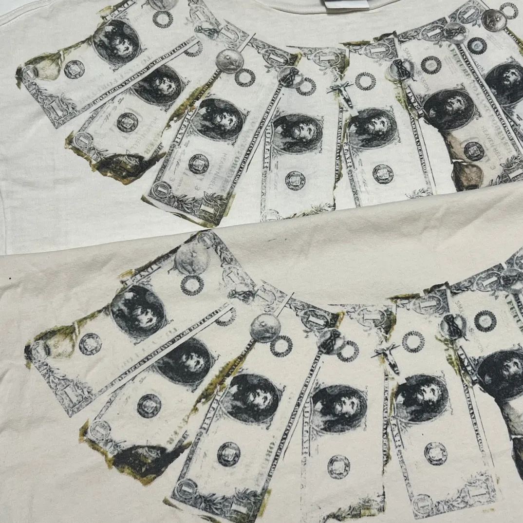 Proofing VS ZP SAINT Mxxxxxx MONEY TEE/WHT US Dollar Necklace Retro Short Sleeves Off-White S-XL Ready-made Garments Washed and Distressed Authentic Grade Printing Level Correct Accessories/With Little Angel Label
